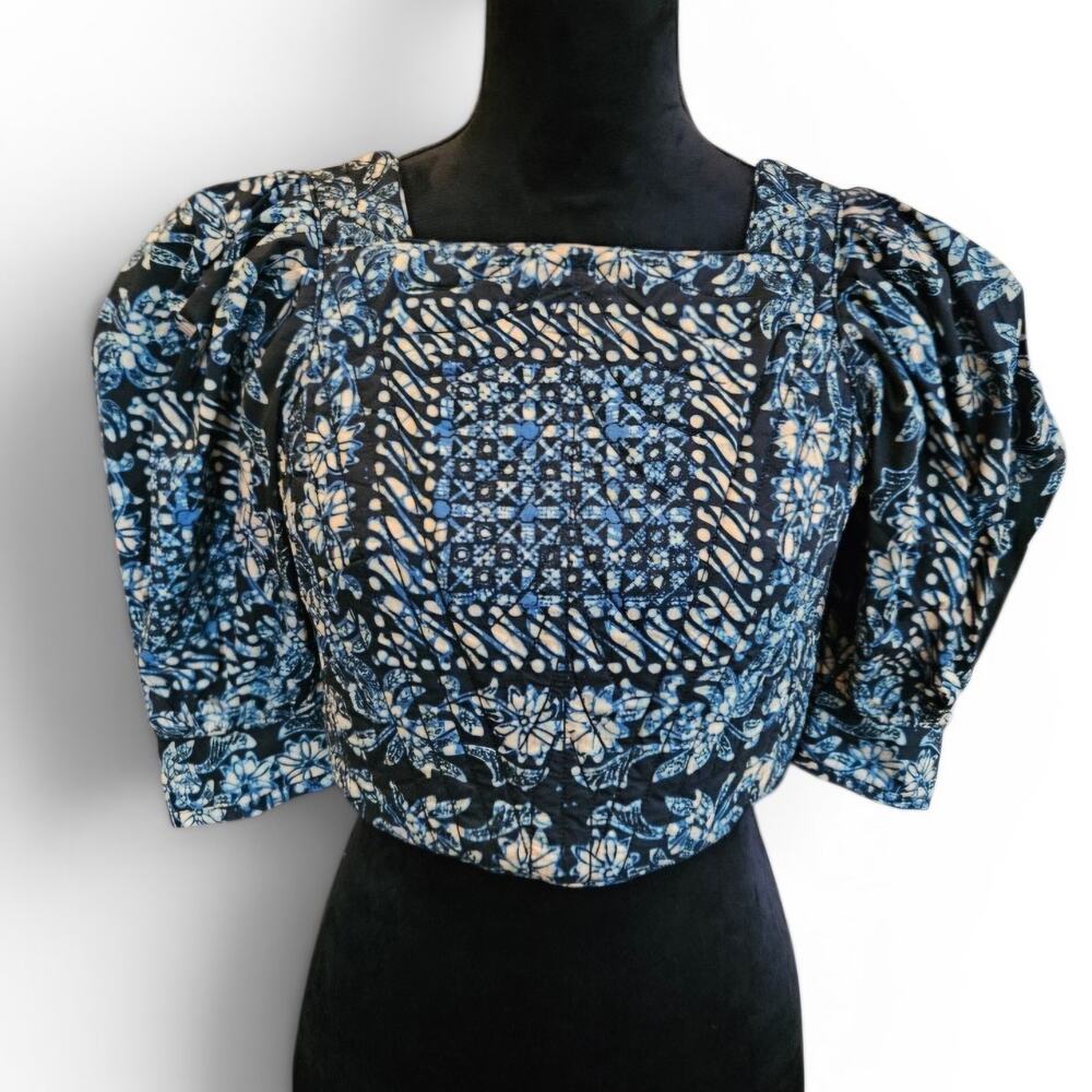Ulla Johnson Crop Blue Floral Square Neck Lace-Up Back Puff Sleeve Blouse Sz 0